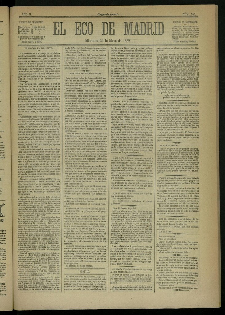 Miniatura de El Eco de Madrid : diario político de la tarde del 24 de mayo de 1882, nº 342