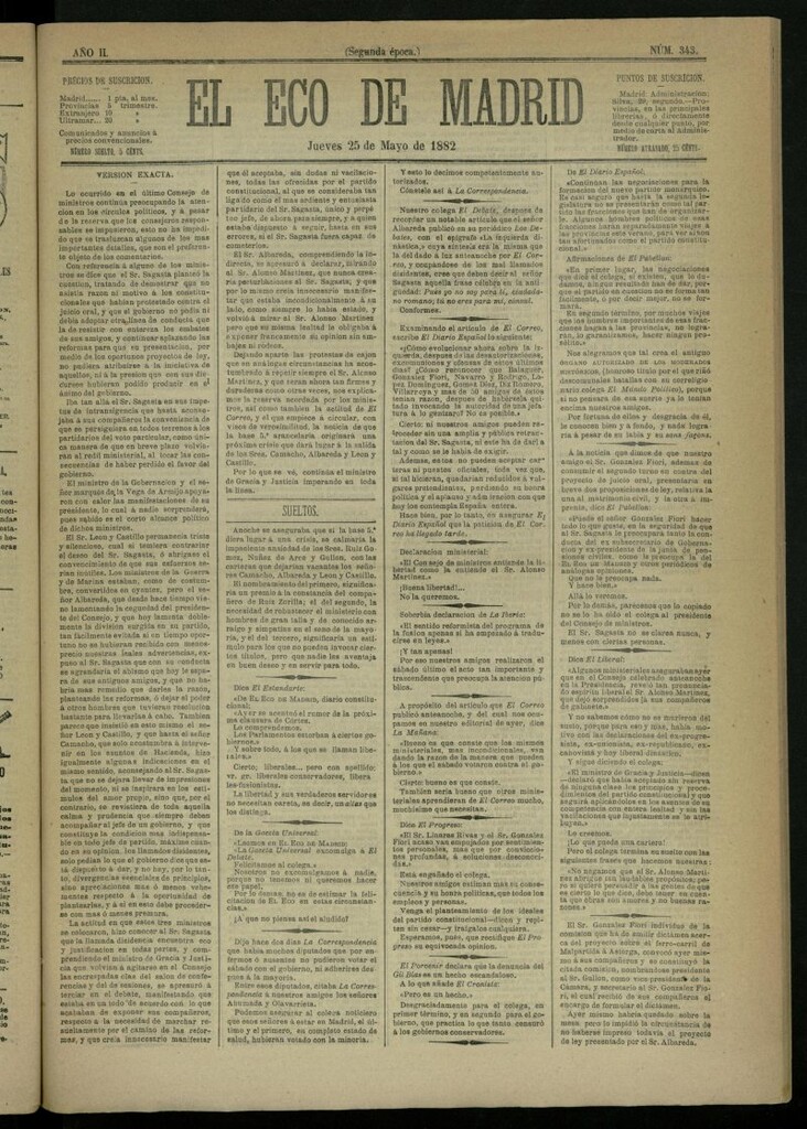 Miniatura de El Eco de Madrid : diario político de la tarde del 25 de mayo de 1882, nº 343