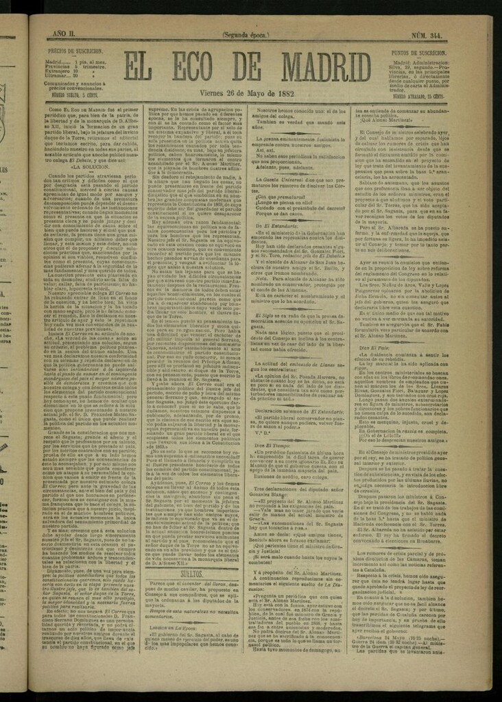 Miniatura de El Eco de Madrid : diario político de la tarde del 26 de mayo de 1882, nº 344