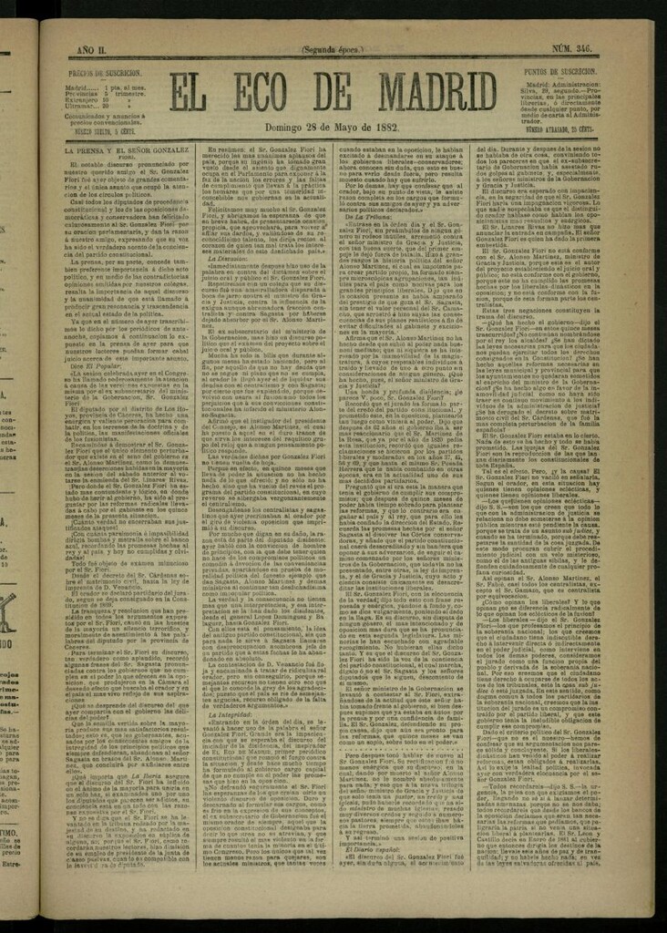 Miniatura de El Eco de Madrid : diario político de la tarde del 28 de mayo de 1882, nº 346