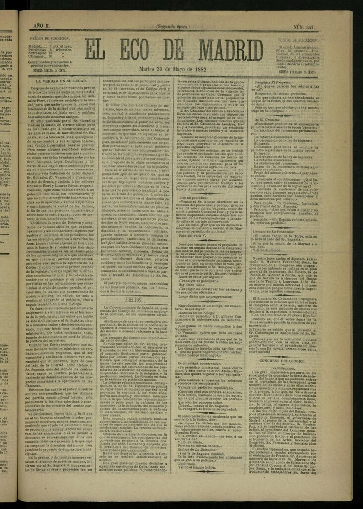 Miniatura de El Eco de Madrid : diario político de la tarde del 30 de mayo de 1882, nº 347