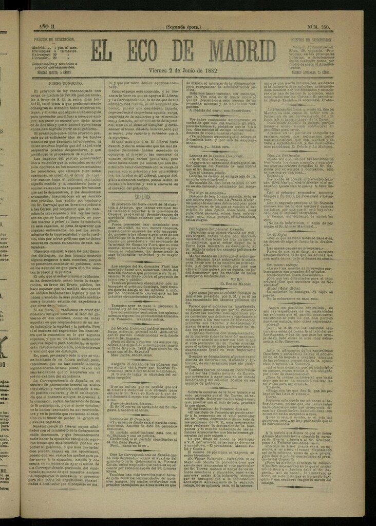 Miniatura de El Eco de Madrid : diario político de la tarde del 2 de junio de 1882, nº 350