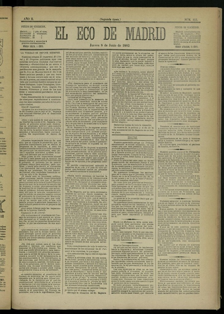 Miniatura de El Eco de Madrid : diario político de la tarde del 8 de junio de 1882, nº 355