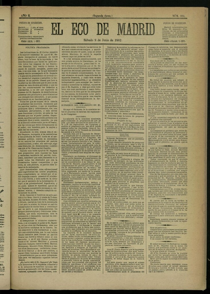 Miniatura de El Eco de Madrid : diario político de la tarde del 9 de junio de 1882, nº 356
