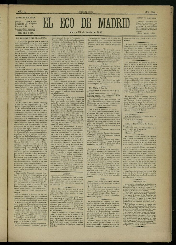 Miniatura de El Eco de Madrid : diario político de la tarde del 13 de junio de 1882, nº 358