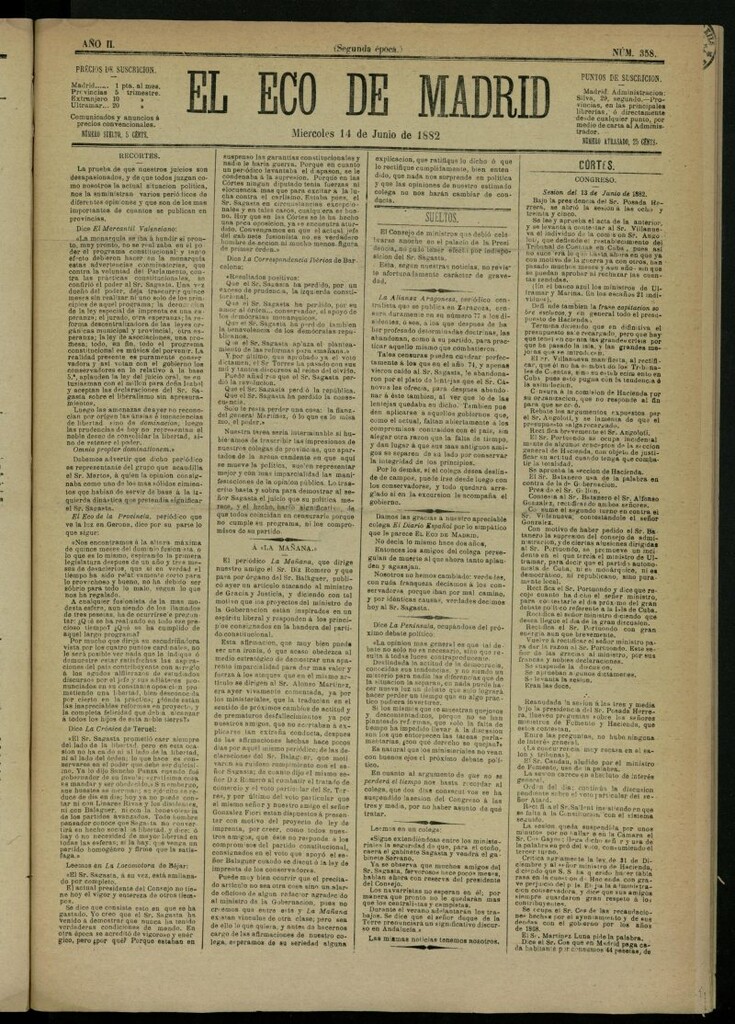 Miniatura de El Eco de Madrid : diario político de la tarde del 14 de junio de 1882, nº 358 [sic]