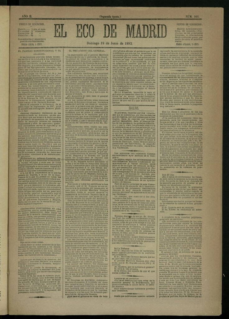Miniatura de El Eco de Madrid : diario político de la tarde del 18 de junio de 1882, nº 362
