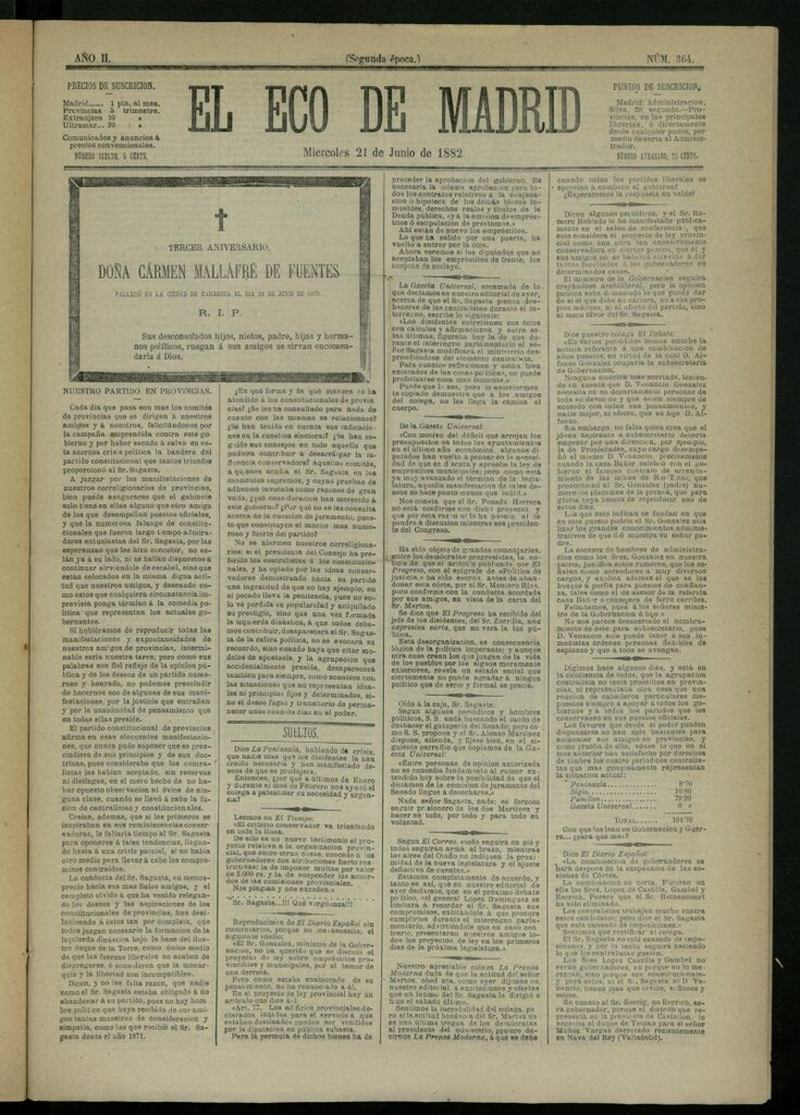 Miniatura de El Eco de Madrid : diario político de la tarde del 21 de junio de 1882, nº 364