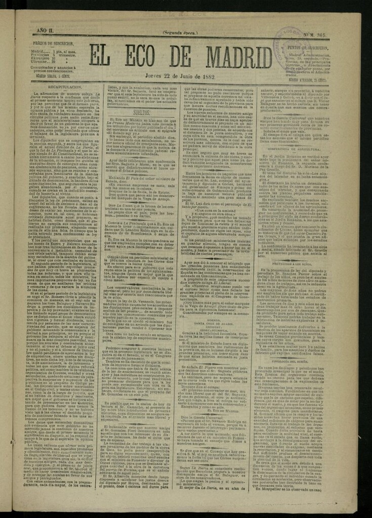 Miniatura de El Eco de Madrid : diario político de la tarde del 22 de junio de 1882, nº 365