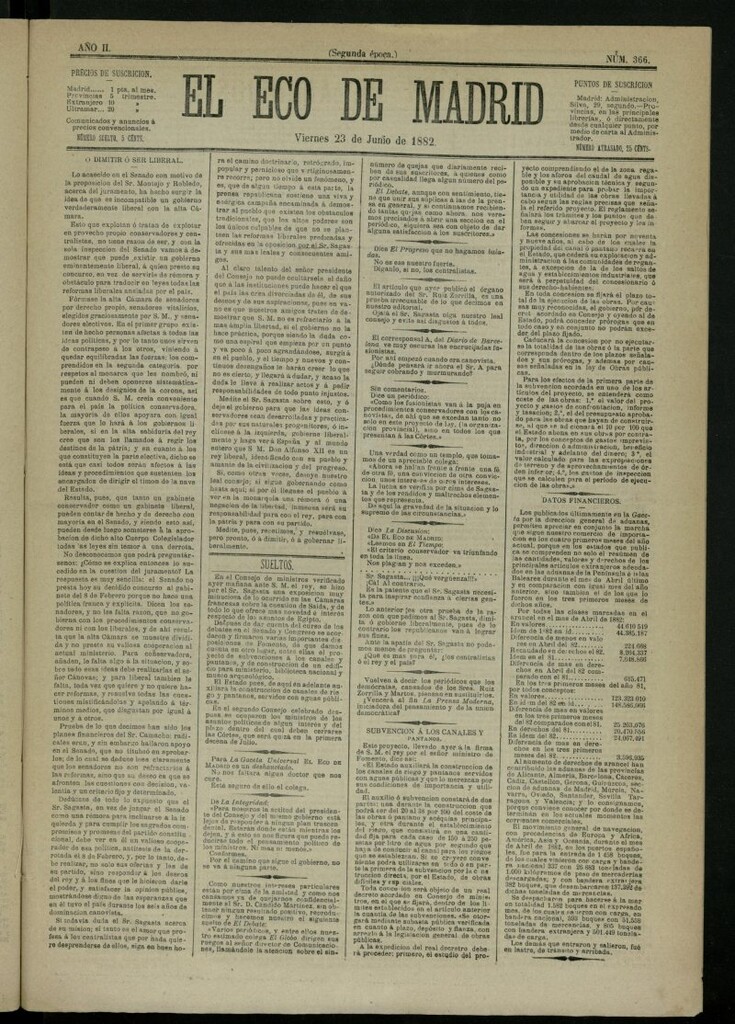 Miniatura de El Eco de Madrid : diario político de la tarde del 23 de junio de 1882, nº 366