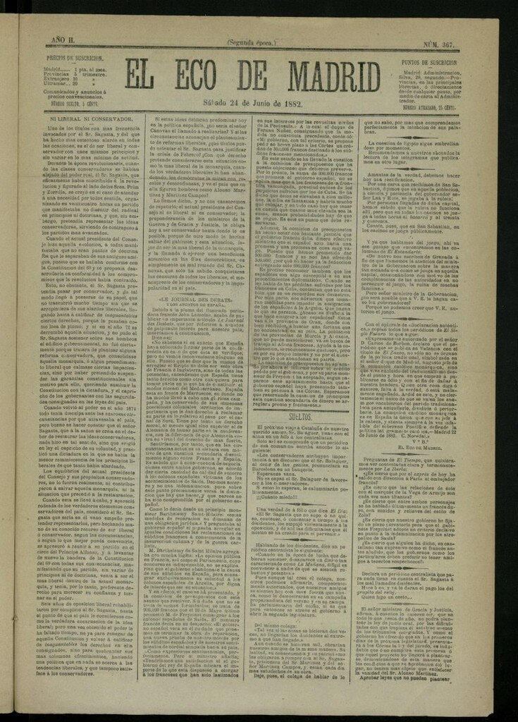 Miniatura de El Eco de Madrid : diario político de la tarde del 24 de junio de 1882, nº 367