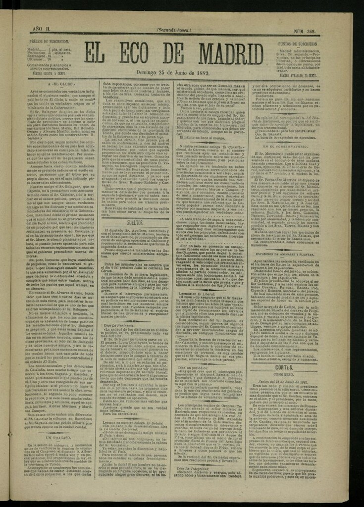 Miniatura de El Eco de Madrid : diario político de la tarde del 25 de junio de 1882, nº 368