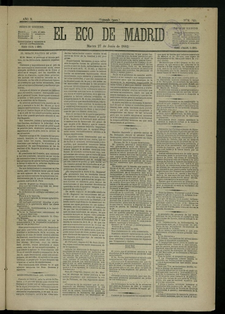 Miniatura de El Eco de Madrid : diario político de la tarde del 27 de junio de 1882, nº 369