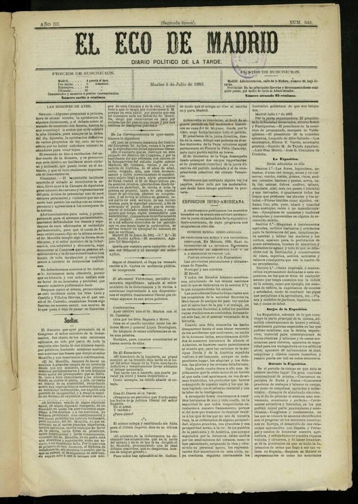 Miniatura de El Eco de Madrid : diario político de la tarde del 3 de julio de 1883, nº 543