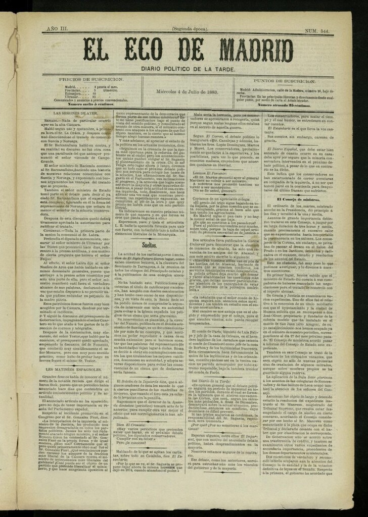 Miniatura de El Eco de Madrid : diario político de la tarde del 4 de julio de 1883, nº 544