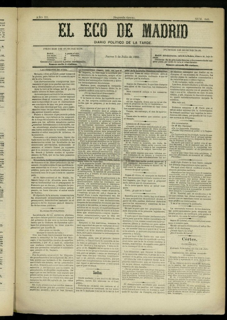 Miniatura de El Eco de Madrid : diario político de la tarde del 5 de julio de 1883, nº 545