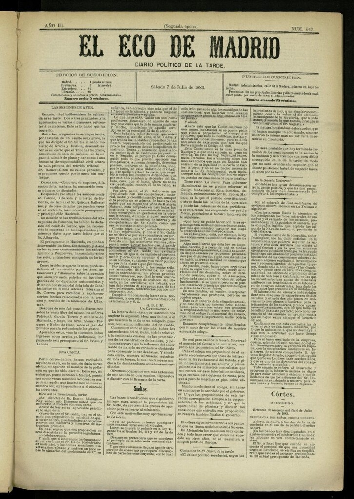 Miniatura de El Eco de Madrid : diario político de la tarde del 7 de julio de 1883, nº 547