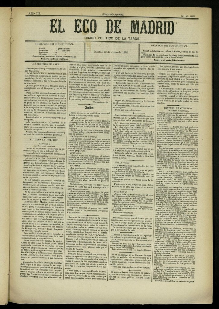 Miniatura de El Eco de Madrid : diario político de la tarde del 10 de julio de 1883, nº 548