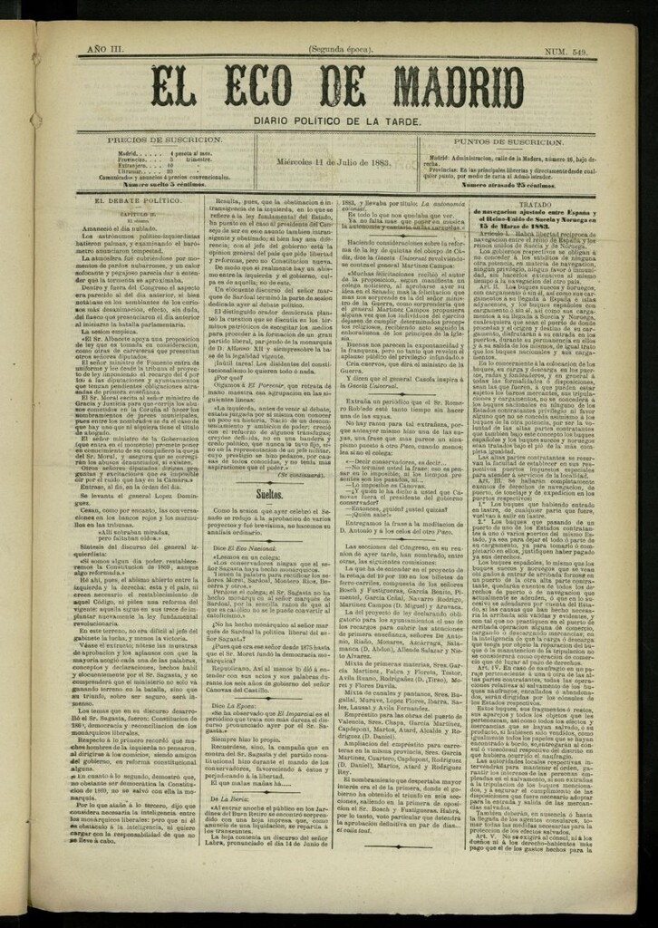 Miniatura de El Eco de Madrid : diario político de la tarde del 11 de julio de 1883, nº 549