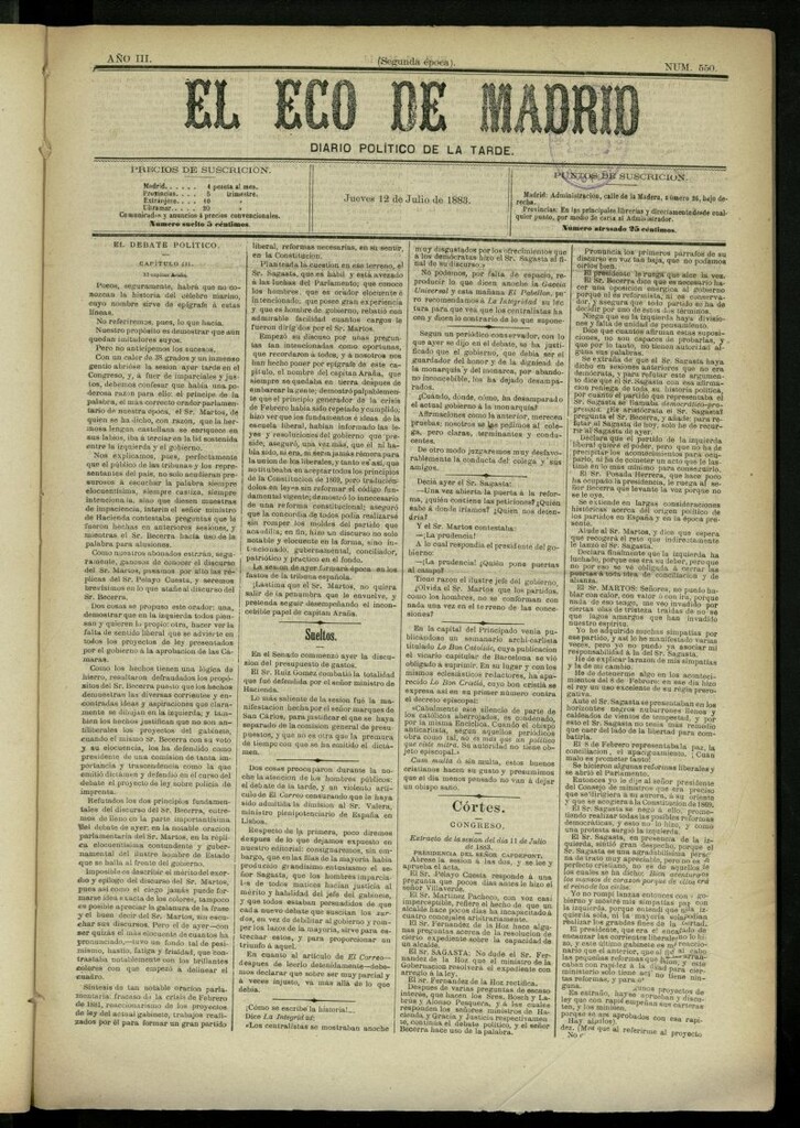 Miniatura de El Eco de Madrid : diario político de la tarde del 12 de julio de 1883, nº 550