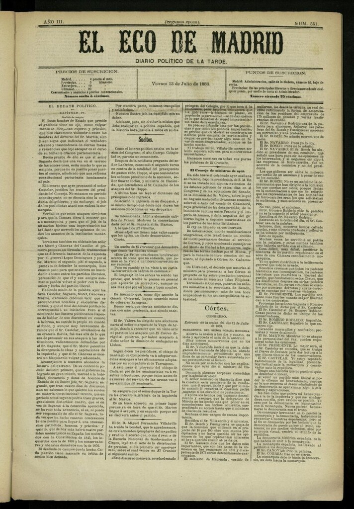 Miniatura de El Eco de Madrid : diario político de la tarde del 13 de julio de 1883, nº 551