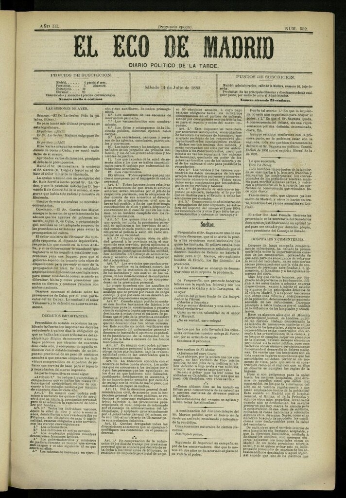 Miniatura de El Eco de Madrid : diario político de la tarde del 14 de julio de 1883, nº 552
