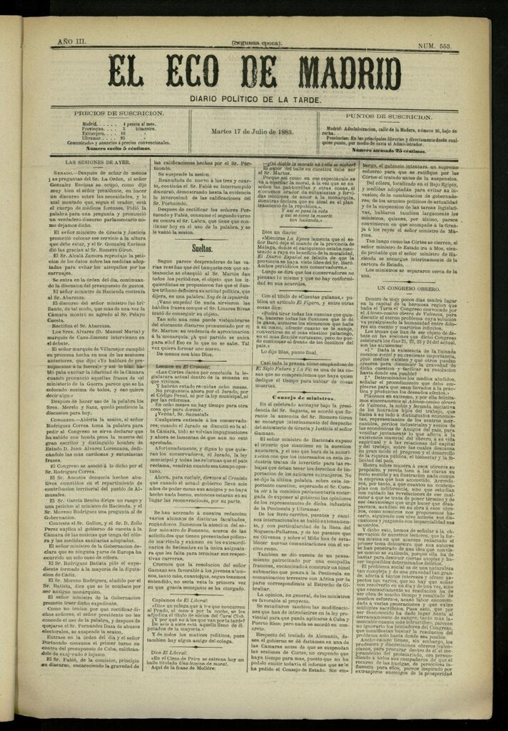 Miniatura de El Eco de Madrid : diario político de la tarde del 17 de julio de 1883, nº 553