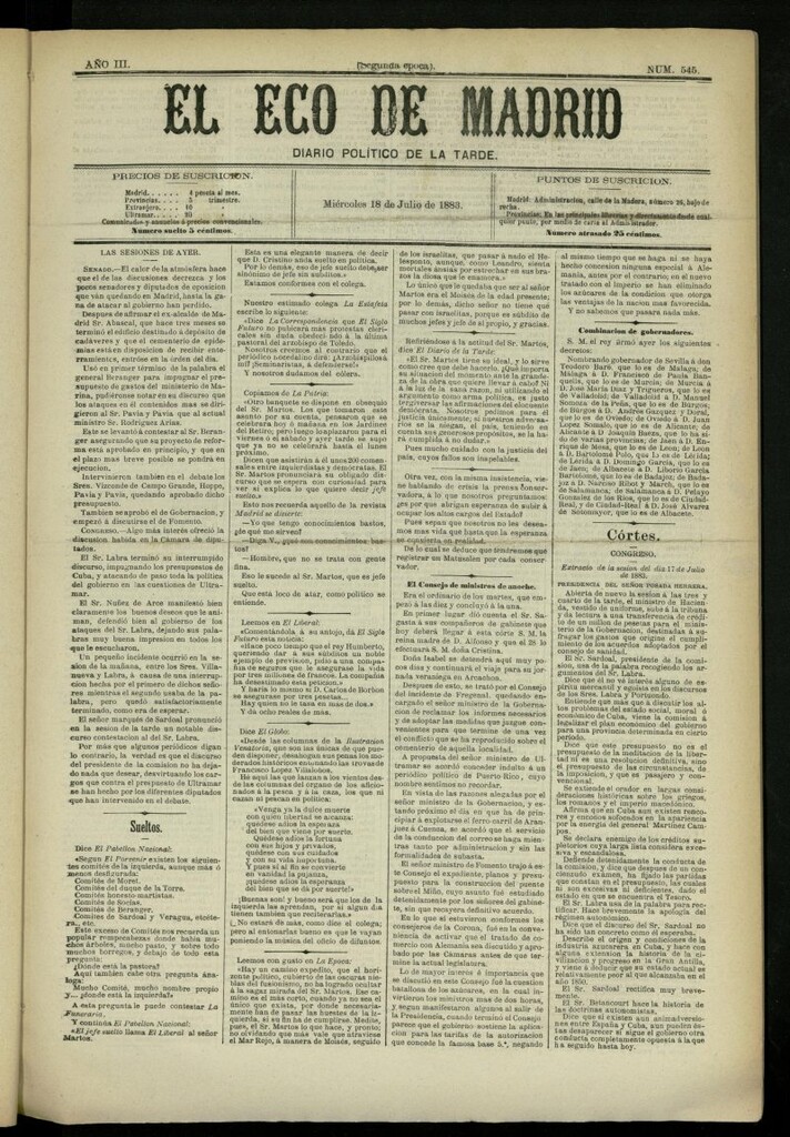 Miniatura de El Eco de Madrid : diario político de la tarde del 18 de julio de 1883, nº 545 [sic]