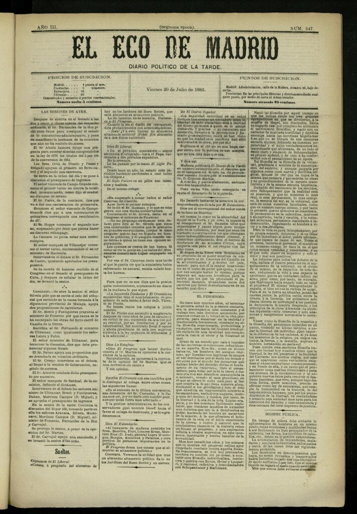 Miniatura de El Eco de Madrid : diario político de la tarde del 20 de julio de 1883, nº 547 [sic]