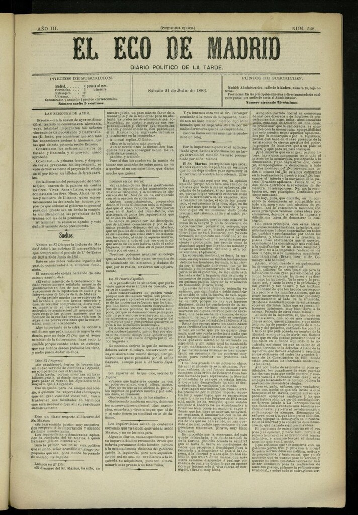 Miniatura de El Eco de Madrid : diario político de la tarde del 21 de julio de 1883, nº 548 [sic]