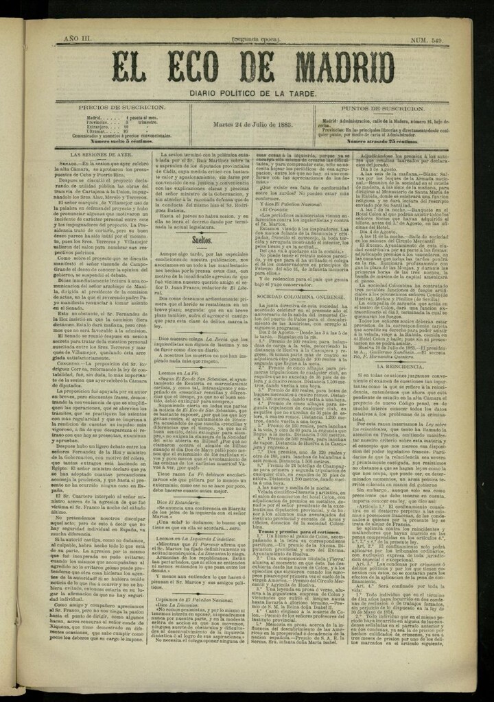 Miniatura de El Eco de Madrid : diario político de la tarde del 24 de julio de 1883, nº 549 [sic]