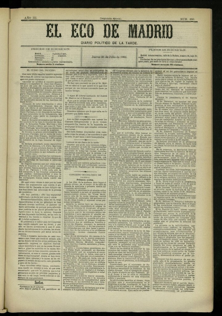 Miniatura de El Eco de Madrid : diario político de la tarde del 26 de julio de 1883, nº 550 [sic]