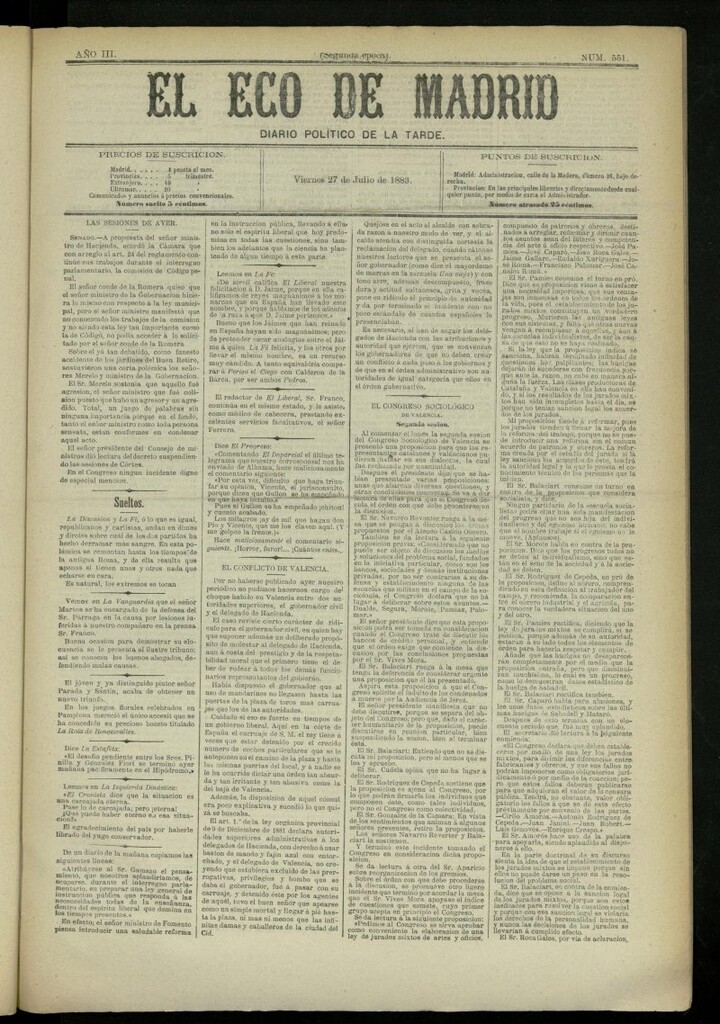 Miniatura de El Eco de Madrid : diario político de la tarde del 27 de julio de 1883, nº 551 [sic]