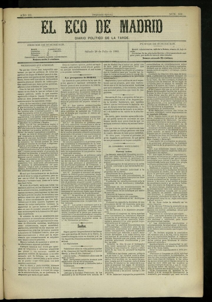 Miniatura de El Eco de Madrid : diario político de la tarde del 28 de julio de 1883, nº 73 [sic]