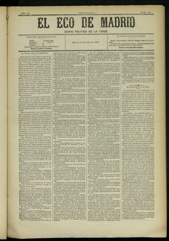 Miniatura de El Eco de Madrid : diario político de la tarde del 31 de julio de 1883, nº 553 [sic]