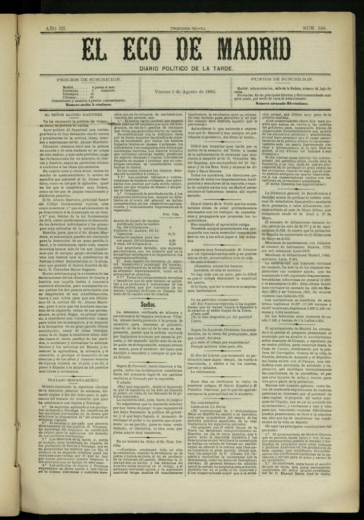 Miniatura de El Eco de Madrid : diario político de la tarde del 3 de agosto de 1883, nº 556