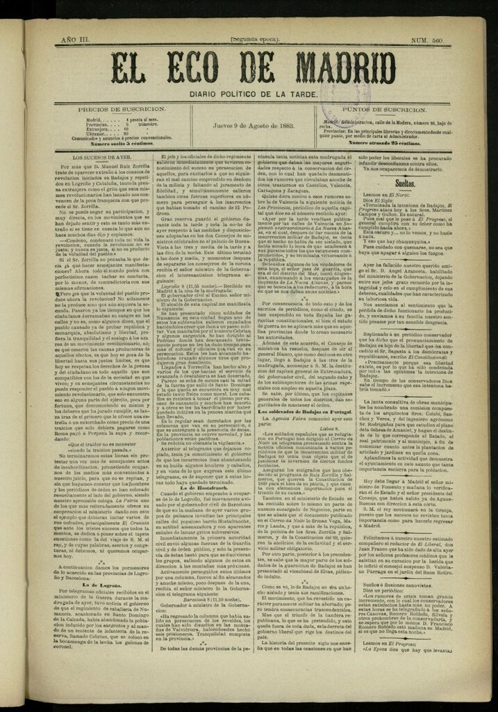 Miniatura de El Eco de Madrid : diario político de la tarde del 9 de agosto de 1883, nº 560