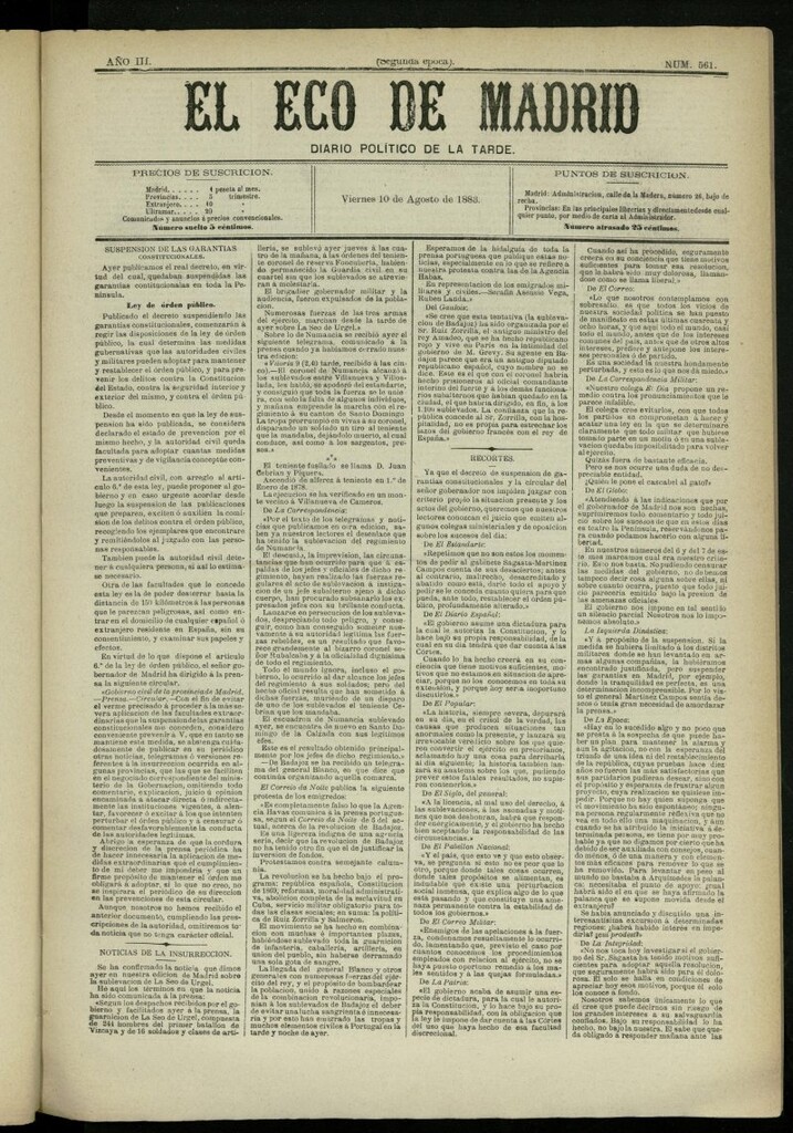Miniatura de El Eco de Madrid : diario político de la tarde del 10 de agosto de 1883, nº 561