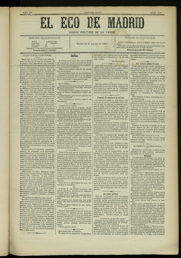 Miniatura de El Eco de Madrid : diario político de la tarde del 14 de agosto de 1883, nº 563