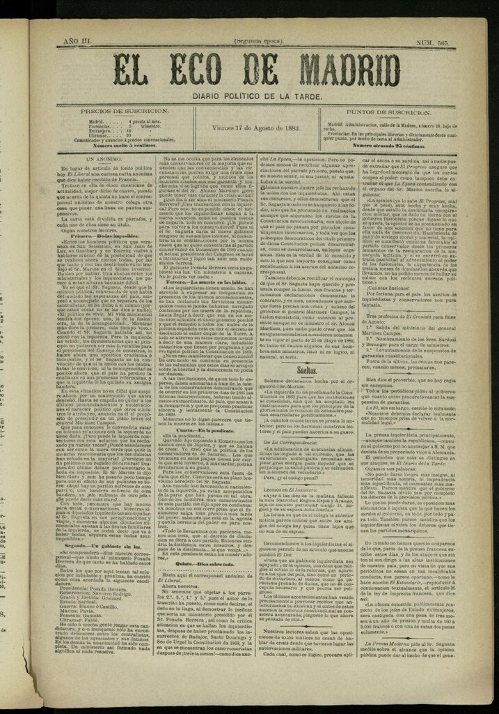 Miniatura de El Eco de Madrid : diario político de la tarde del 17 de agosto de 1883, nº 565