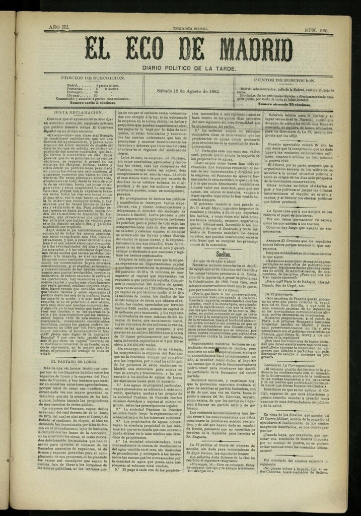 Miniatura de El Eco de Madrid : diario político de la tarde del 18 de agosto de 1883, nº 566