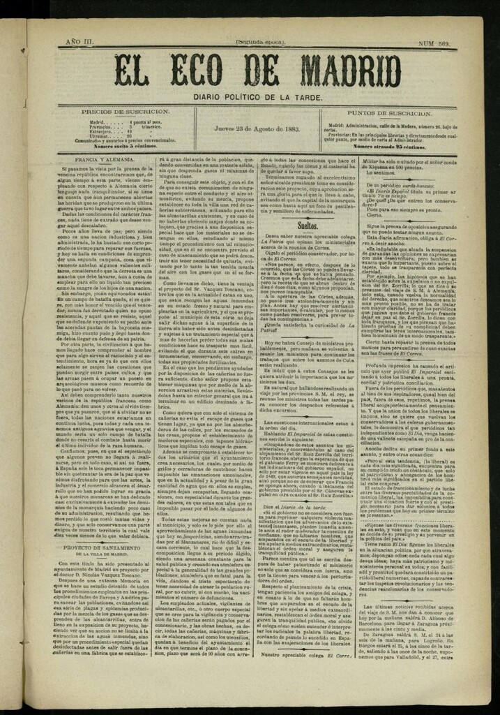 Miniatura de El Eco de Madrid : diario político de la tarde del 23 de agosto de 1883, nº 569