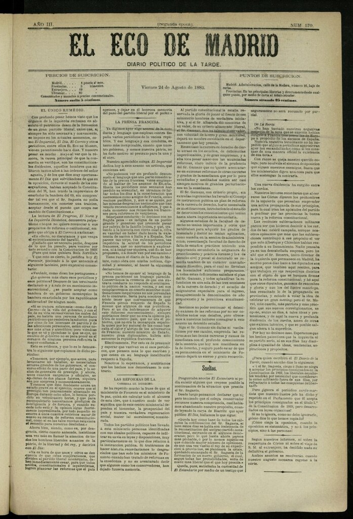 Miniatura de El Eco de Madrid : diario político de la tarde del 24 de agosto de 1883, nº 570