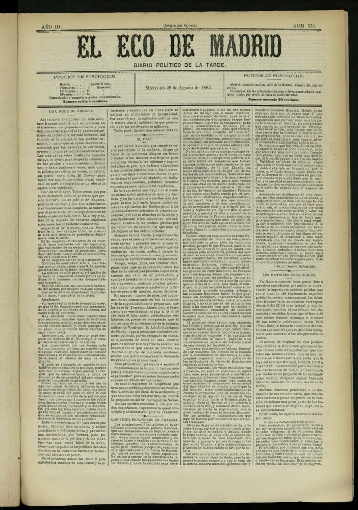 Miniatura de El Eco de Madrid : diario político de la tarde del 29 de agosto de 1883, nº 573