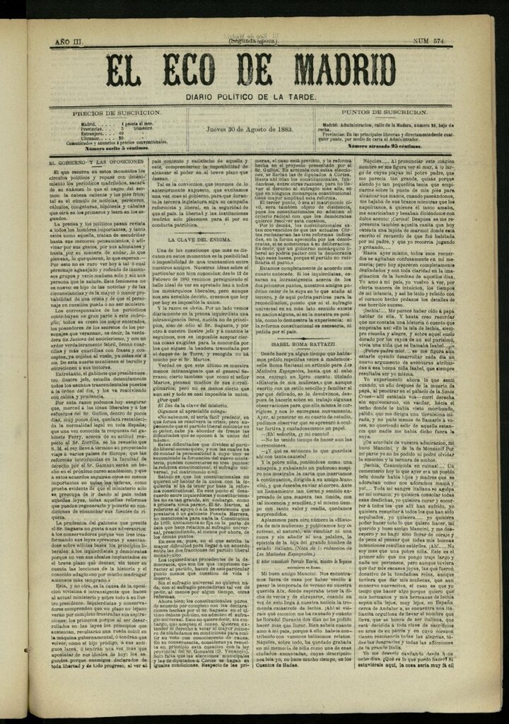 Miniatura de El Eco de Madrid : diario político de la tarde del 30 de agosto de 1883, nº 574