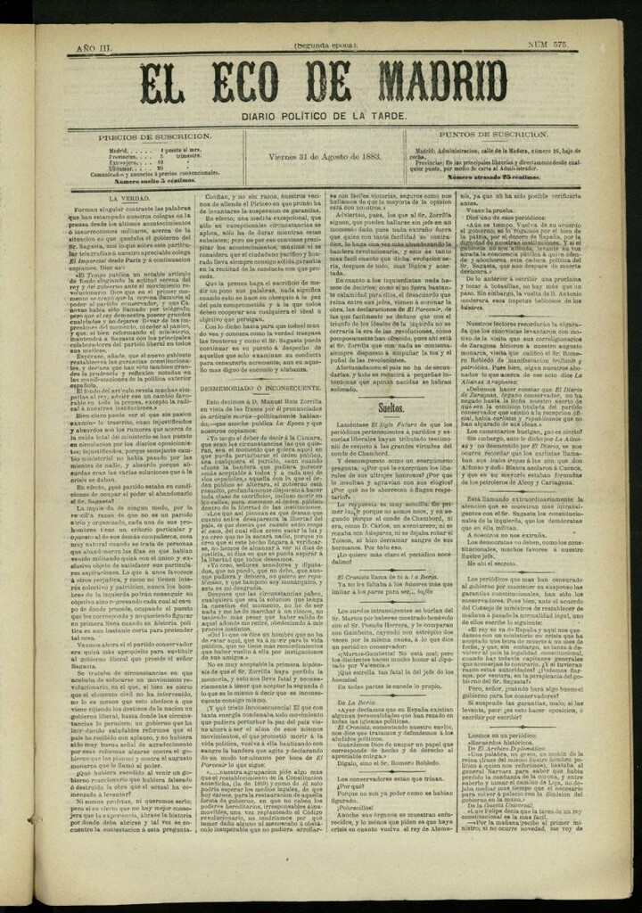 Miniatura de El Eco de Madrid : diario político de la tarde del 31 de agosto de 1883, nº 575