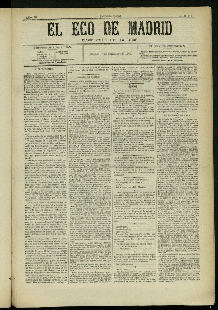 Miniatura de El Eco de Madrid : diario político de la tarde del 1 de septiembre de 1883, nº 576