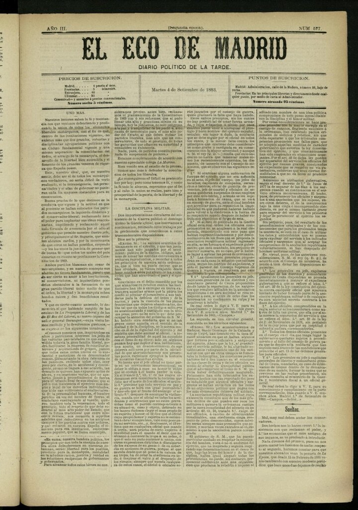 Miniatura de El Eco de Madrid : diario político de la tarde del 4 de septiembre de 1883, nº 577