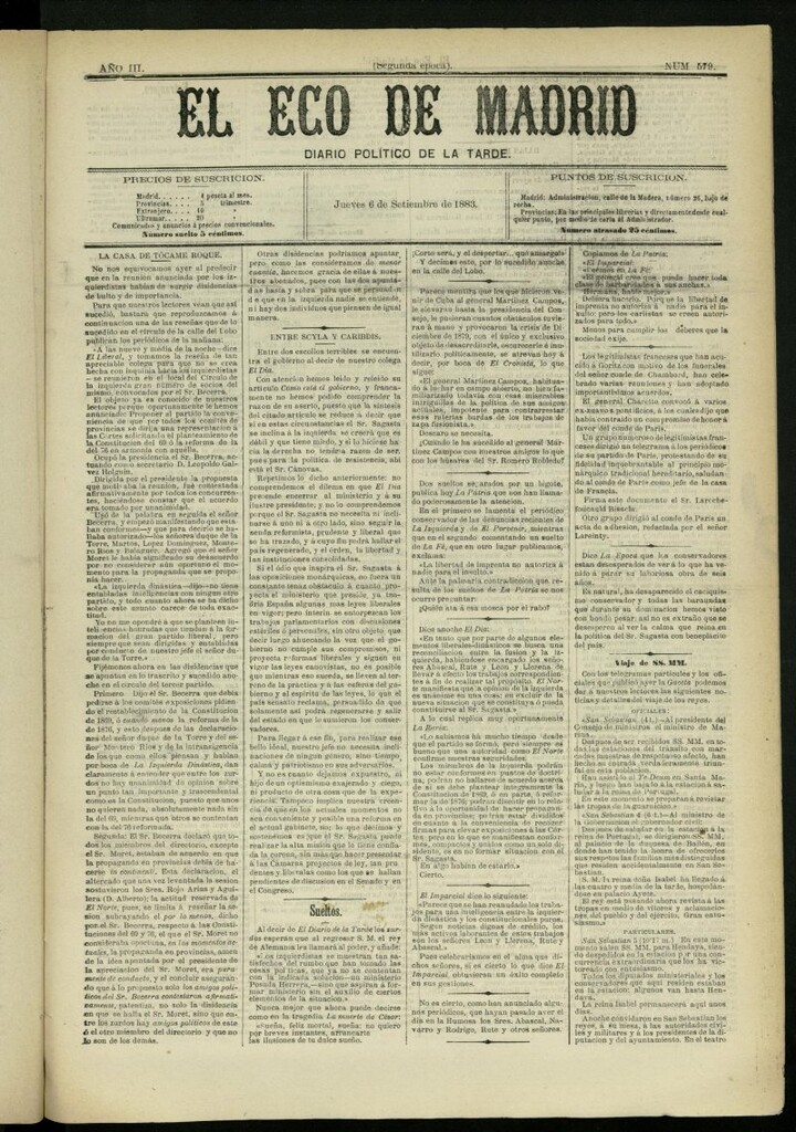 Miniatura de El Eco de Madrid : diario político de la tarde del 6 de septiembre de 1883, nº 579