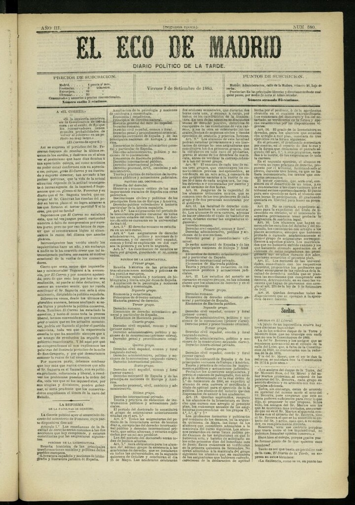 Miniatura de El Eco de Madrid : diario político de la tarde del 7 de septiembre de 1883, nº 580